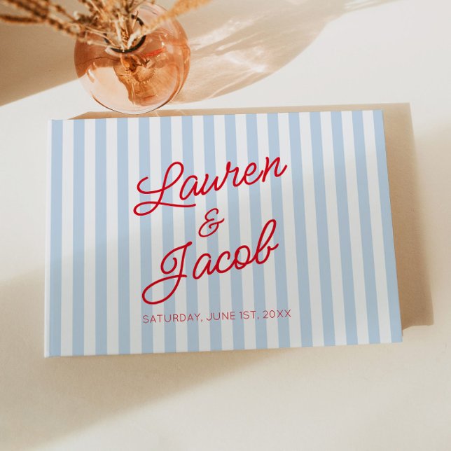 Modern Minimal Minimalist Blue Stripes Red Wedding Guest Book (Creator Uploaded)