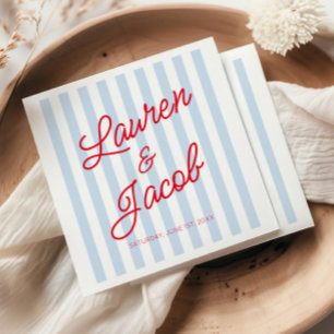 Modern Minimal Minimalist Blue Stripes Red Wedding Napkins