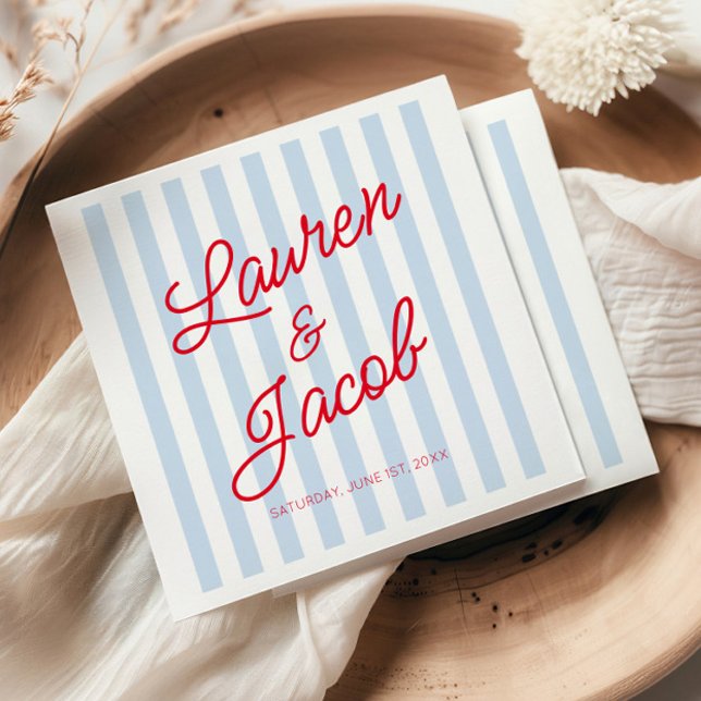 Modern Minimal Minimalist Blue Stripes Red Wedding Napkins (Creator Uploaded)