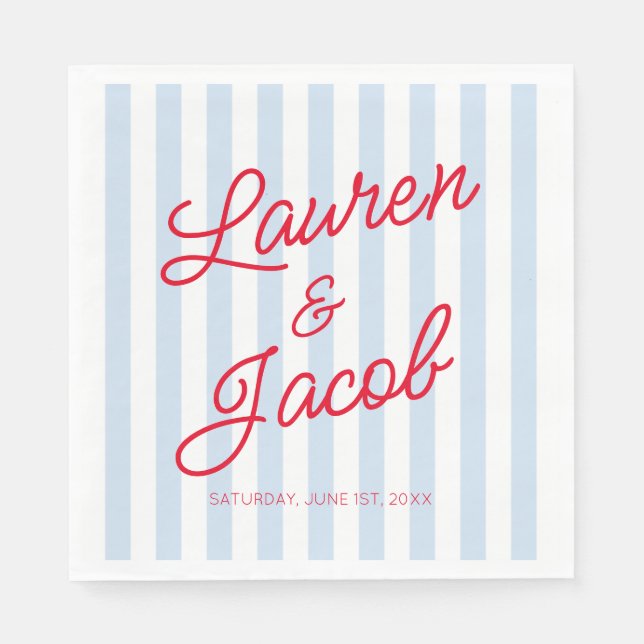 Modern Minimal Minimalist Blue Stripes Red Wedding Napkins (Front)