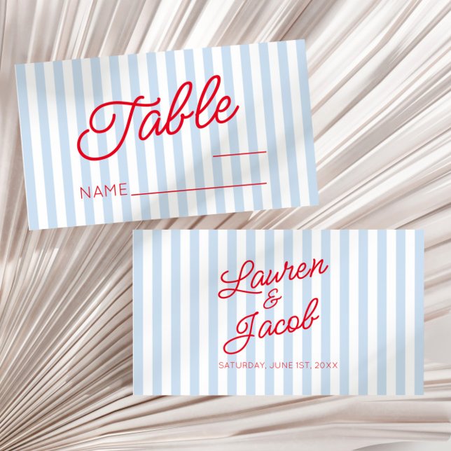 Modern Minimal Minimalist Blue Stripes Red Wedding Place Card (Creator Uploaded)