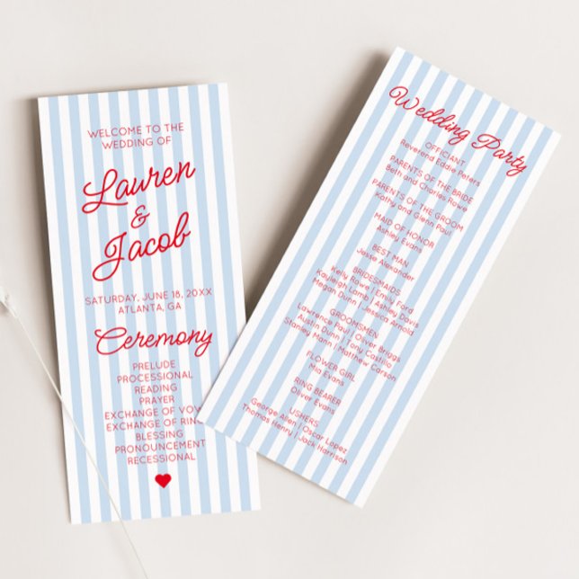 Modern Minimal Minimalist Blue Stripes Red Wedding Program (Creator Uploaded)