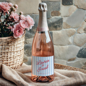 Modern Minimal Minimalist Blue Stripes Red Wedding Sparkling Wine Label