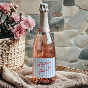 Modern Minimal Minimalist Blue Stripes Red Wedding Sparkling Wine Label