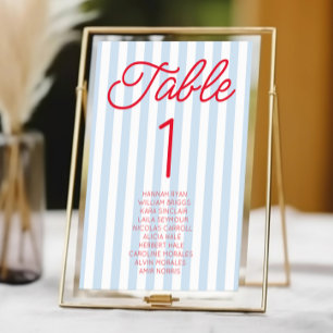 Modern Minimal Minimalist Blue Stripes Red Wedding Table Number