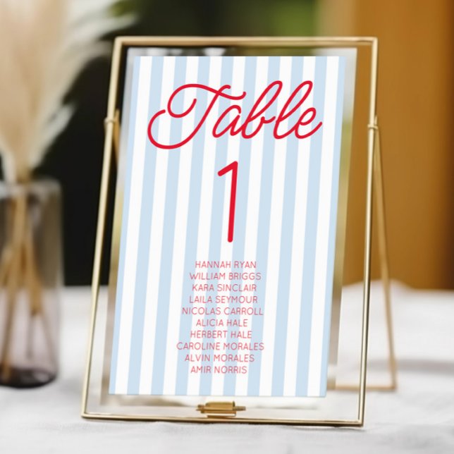 Modern Minimal Minimalist Blue Stripes Red Wedding Table Number (Creator Uploaded)