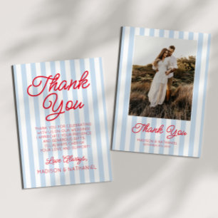 Modern Minimal Minimalist Blue Stripes Red Wedding Thank You Card