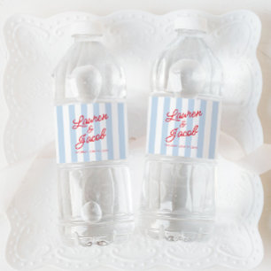 Modern Minimal Minimalist Blue Stripes Red Wedding Water Bottle Label