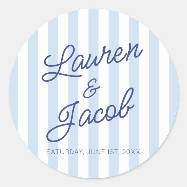 Modern Minimal Minimalist Blue Stripes Wedding Classic Round Sticker (Front)