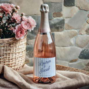Modern Minimal Minimalist Blue Stripes Wedding Sparkling Wine Label