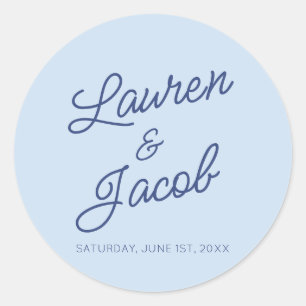 Modern Minimal Minimalist Blue Wedding Classic Round Sticker