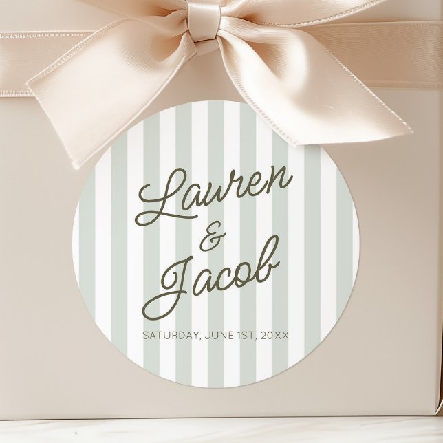 Modern Minimal Minimalist Green Stripes Wedding Classic Round Sticker (Creator Uploaded)