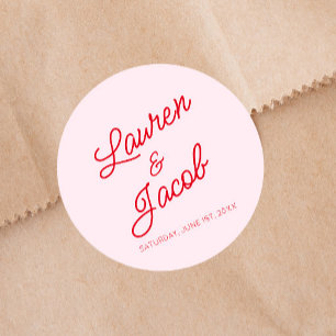 Modern Minimal Minimalist Pink and Red Wedding Classic Round Sticker