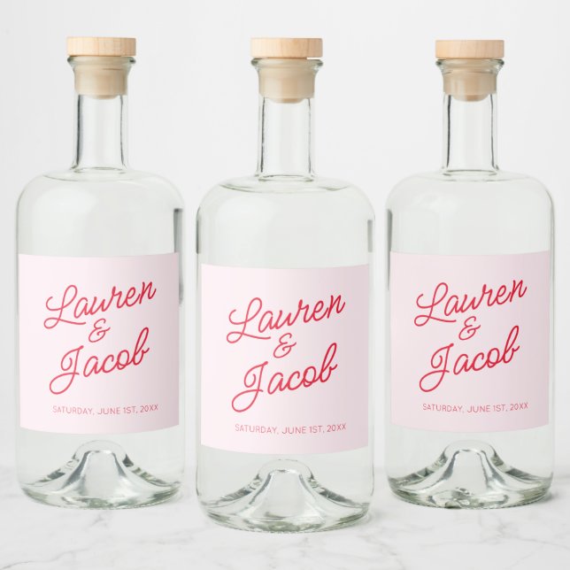 Modern Minimal Minimalist Pink and Red Wedding Liquor Bottle Label (Bottles)