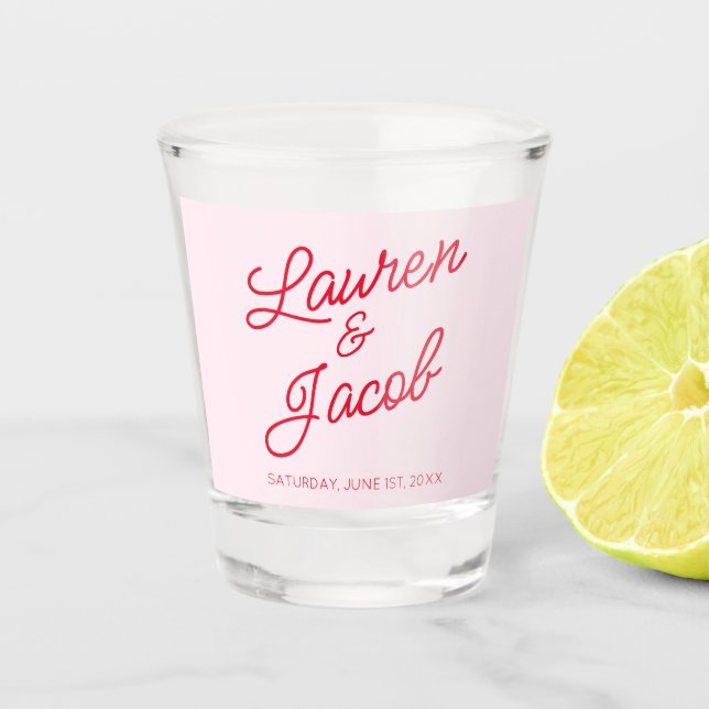Modern Minimal Minimalist Pink and Red Wedding Shot Glass (Front)