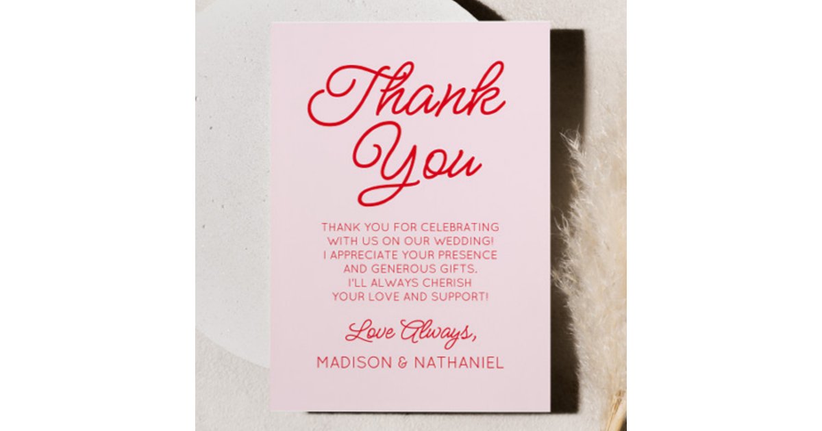 Modern Minimal Minimalist Pink and Red Wedding Thank You Card | Zazzle