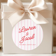 Modern Minimal Minimalist Red Pink Stripes Wedding Classic Round Sticker