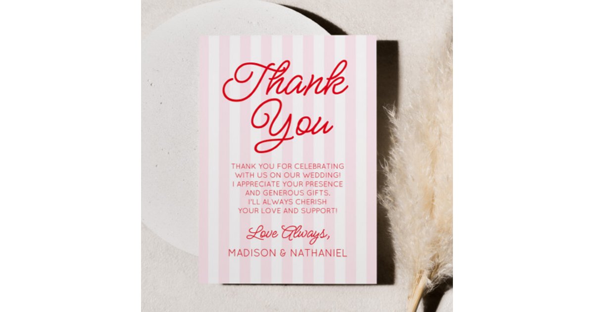 Modern Minimal Minimalist Red Pink Stripes Wedding Thank You Card | Zazzle