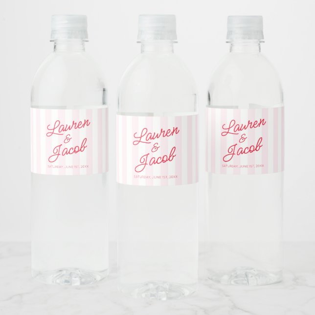 Modern Minimal Minimalist Red Pink Stripes Wedding Water Bottle Label (Bottles)
