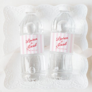 Modern Minimal Minimalist Red Pink Stripes Wedding Water Bottle Label