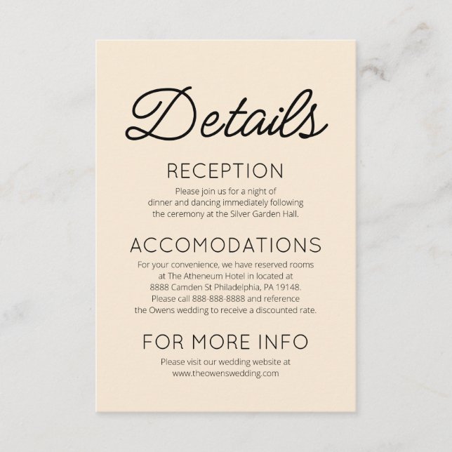 Modern Minimal Minimalist Wedding Details Enclosure Card (Front)