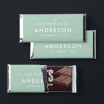Modern Minimal Mint Green Personalized Mr and Mrs Hershey Bar Favors<br><div class="desc">Custom wedding Hershey's Miniatures candy favors displays a a modern and minimal "Mr and Mrs" script monogram design that can be personalized with your married last name in all caps sans serif text. Chic design features simple wedding date text and a thank you message appears on the back. The classic...</div>