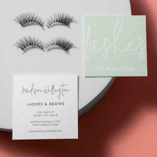 Modern Minimal Mint Green Script Lashes Square Business Card