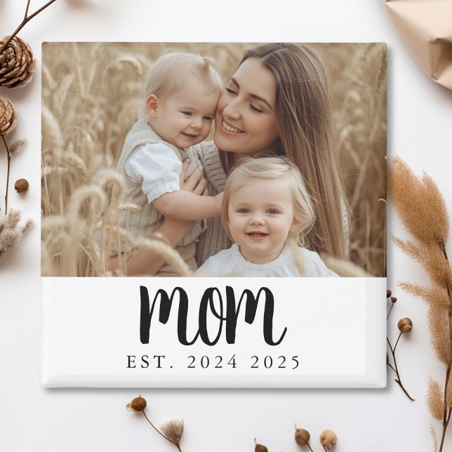 Modern Minimal Mom Established Photo Gift Magnet (modern minimal black and white mom established date for fun mother's day or christmas stocking gifts)