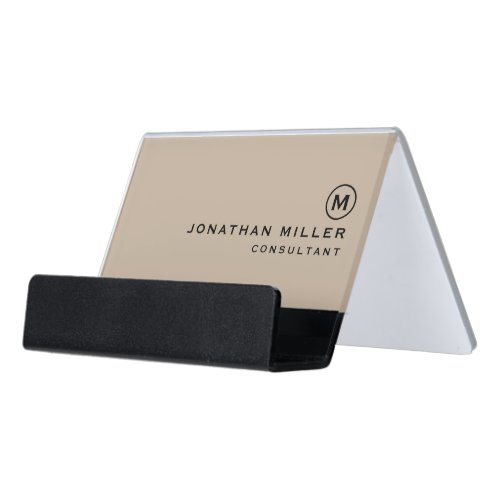 Modern Minimal Monogram Beige Desk Business Card Holder