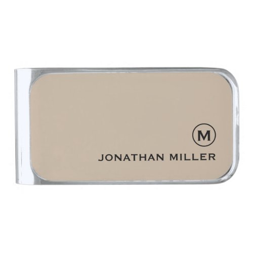 Modern Minimal Monogram Beige Silver Finish Money Clip