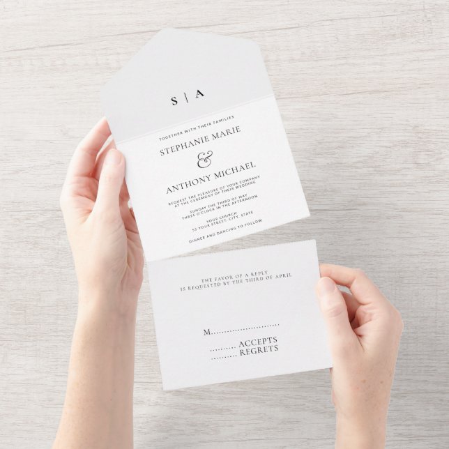 Modern Minimal Monogram Black and White Wedding  All In One Invitation (Tearaway)