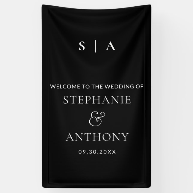 Modern Minimal Monogram Black and White Wedding   Banner (Vertical)