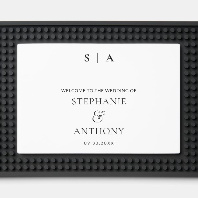 Modern Minimal Monogram Black and White Wedding   Bar Mat (Front (Close Up))