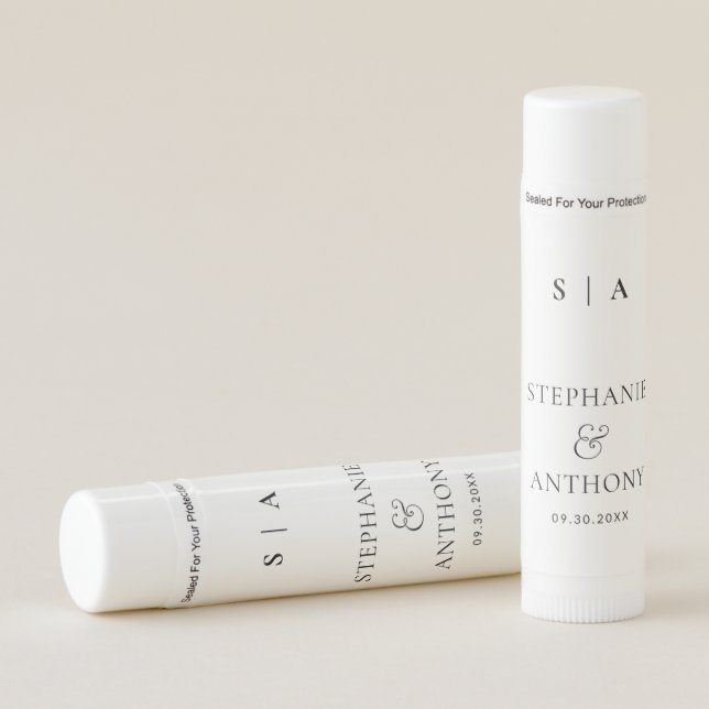 Modern Minimal Monogram Black and White Wedding Lip Balm (Front)