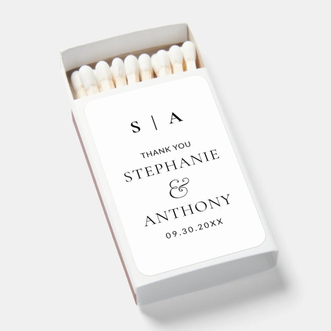 Modern Minimal Monogram Black and White Wedding Matchboxes (Front Open)