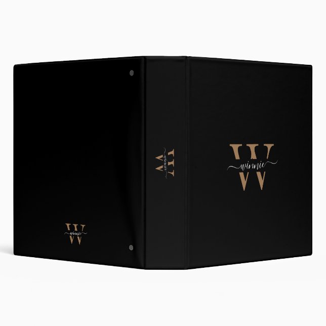 Modern Minimal Monogram Black Gold Script Name 3 Ring Binder (Background)