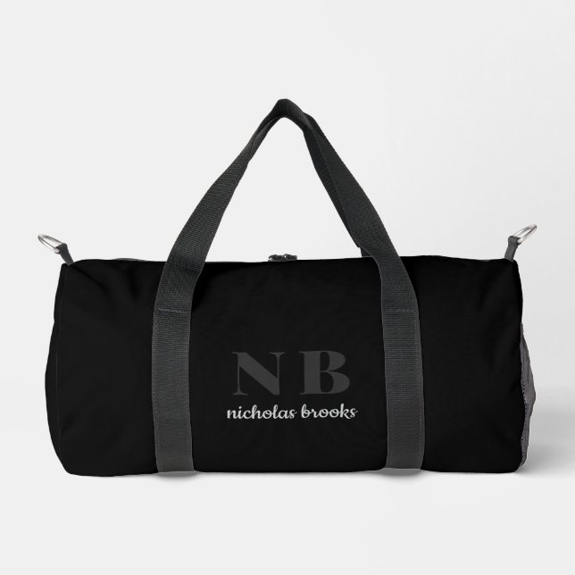 Modern Minimal Monogram Black & Gray Personalized Duffle Bag (Front)