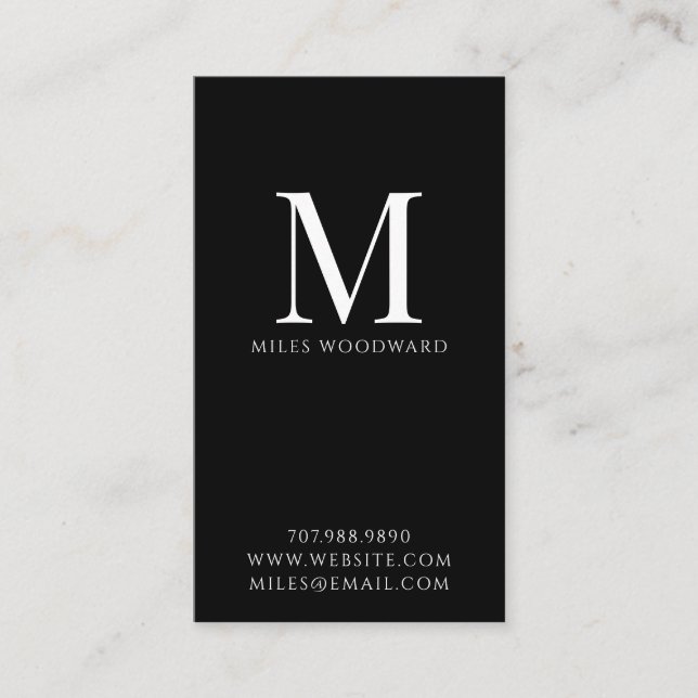 Modern Minimal Monogram Black Vertical Business Card (Front)