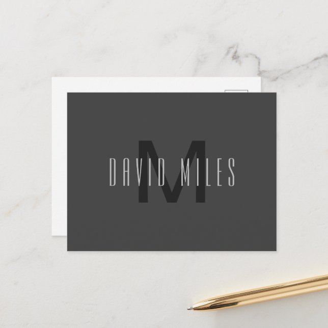 Modern Minimal Monogram Design Editable Dark Grey Postcard (Front/Back In Situ)