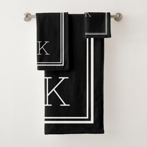Modern Minimal Monogram Frame Black  White    Bath Towel Set