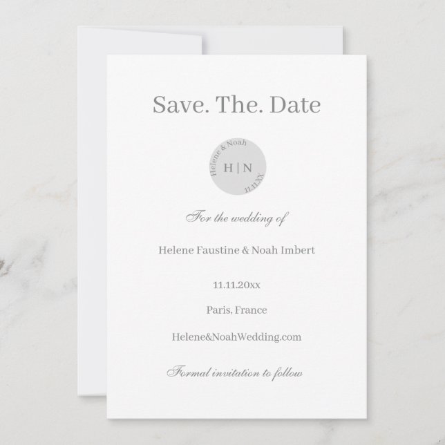 Modern Minimal Monogram Gray White Save The Date Invitation (Front)