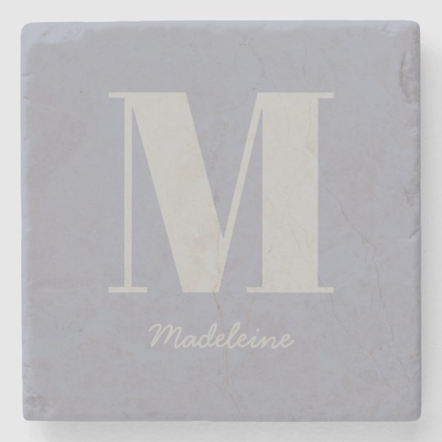 Modern Minimal Monogram Initial Gray Name Stone Coaster (Front)