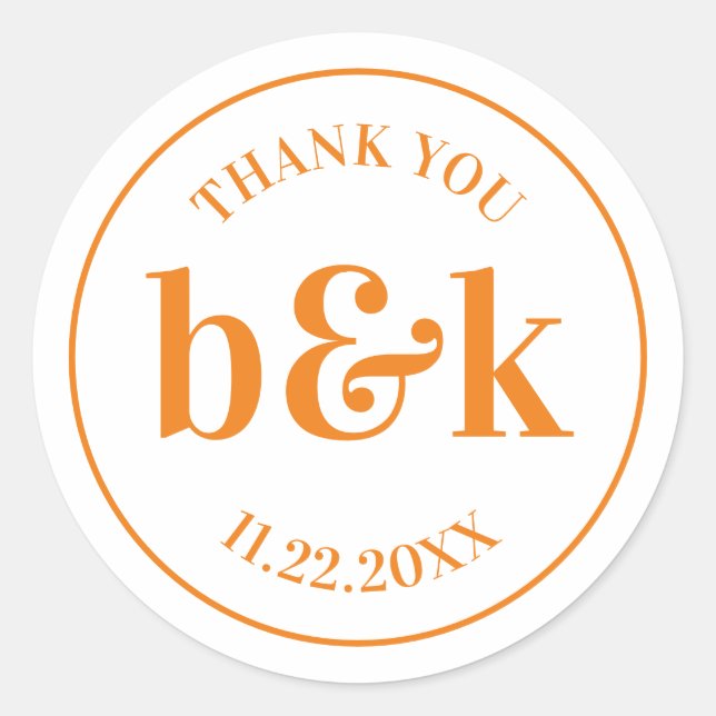 Modern Minimal Monogram Initials Orange Wedding Cl Classic Round Sticker (Front)