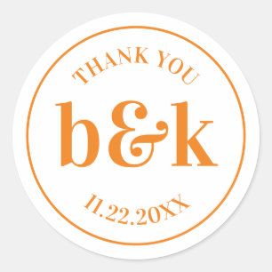 Modern Minimal Monogram Initials Orange Wedding Cl Classic Round Sticker