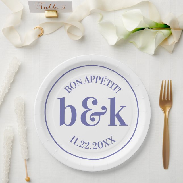 Modern Minimal Monogram Initials Purple Wedding Paper Plates (Wedding)