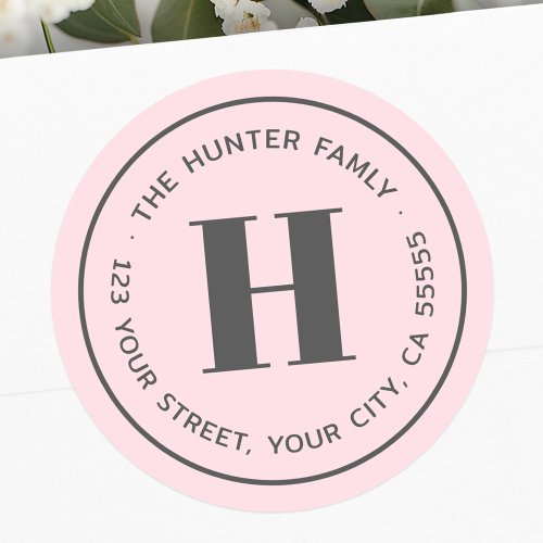 Modern minimal monogram light pink return address classic round sticker