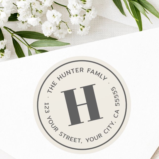 Modern minimal monogram light tan return address classic round sticker (Modern minimal monogram light tan return address classic round sticker)