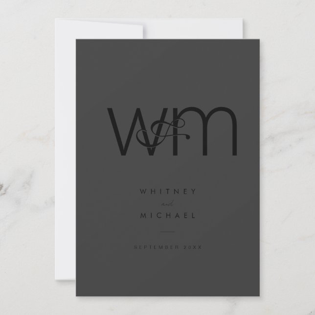 Modern Minimal Monogram Matte Black Wedding Invitation (Front)
