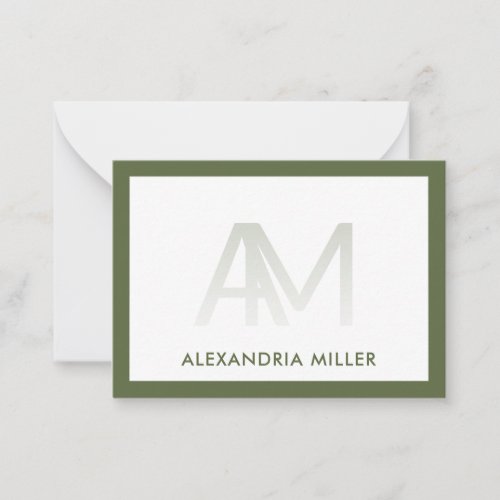 Modern Minimal Monogram Name Olive Note Card