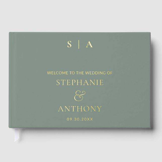 Modern Minimal Monogram Sage Green Foil Wedding Foil Guest Book (Front)